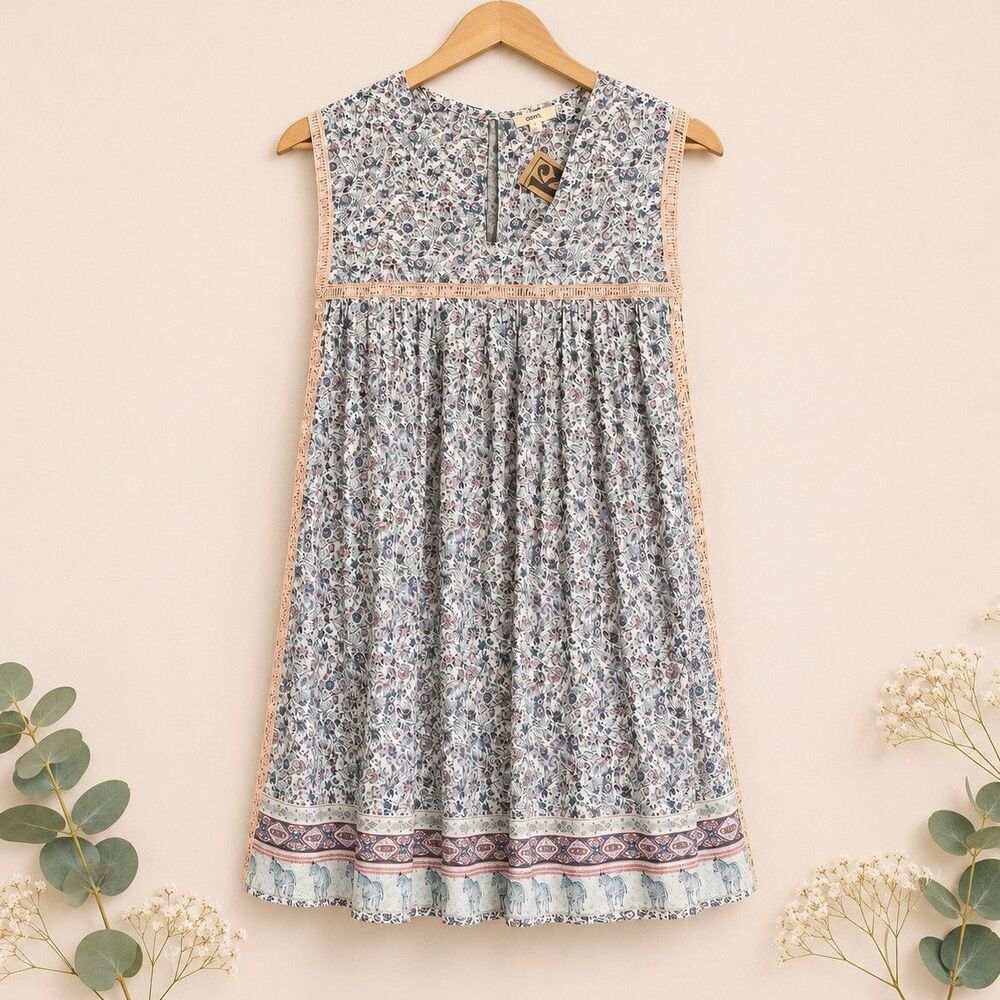 ODDI Dress Women Small NWT Boho Floral Sleeveless Babydoll Elephant Border Lace